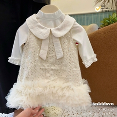 Bt791- set đầm Nơ  dạ bé gái bè màu đỏ 2 lớp CV có lót