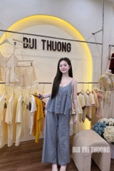 Set924-Set mặc nhà áo 2 dây kẻ phối quần suông
