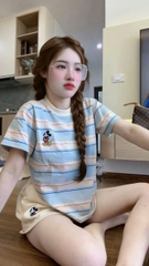 SET656-Set mặc nhà áo thun mickey kẻ phối quần short trắng