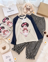 SET1072- Set cố gái KHÓC áo be phối be mix quần kẻ