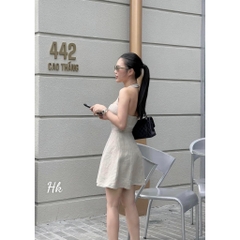 DAM009- Đầm be hai dây 2 lớp dáng xoè cúc cổ lưng