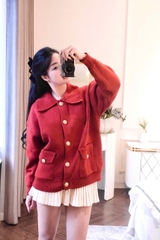 A414-Áo len cadigan đỏ cổ bẻ hàng nhà máy chuẩn