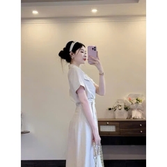 DAM136-Váy maxi dáng dài màu trắng tăng kèm đai