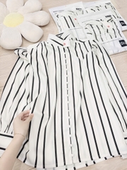 A146-Áo somi nữ cổ tay kẻ đen tay bồng đính cúc ngọc