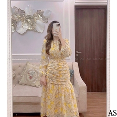 ⚡️BÁN SỈ⚡️Đầm đuôi cá nhún eo tay bồng hoạ tiết hoa vàng