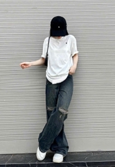 QUAN014-QUẦN JEANS SUÔNG RÁCH 2 BÊN MÀU ĐẬM