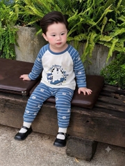 BT1081- Set 2 bộ thun díp dài tay xanh trắng kẻ Cute bé trai