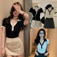 A310- Áo polo len dệt kim cộc tay vải tăm 2 màu đen trắng