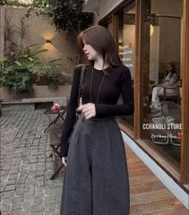 Quan091-Quần dạ xám cạp chun dáng suông