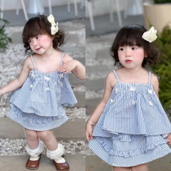 SETKID048-Set áo dây kẻ xanh đính nơ trắng