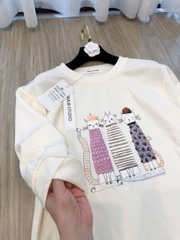 A583-Áo thun tay lỡ màu be hình mèo hàng nhà máy đủ tem