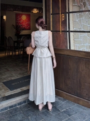 Set633- Set váy lien màu be CV xoè mix áo hoa