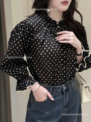 A138-Áo sơ mi nữ voan đen chấm bi vintage