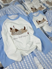 SET772- Bộ mặc nhà gia đình  áo thun quần kẻ suông xanh nhạt