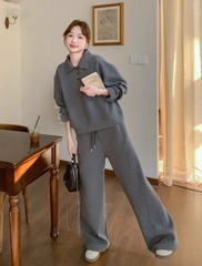 SET736-Bộ nỉ dài tay phối quần suông màu xám chất nỉ dày dặn