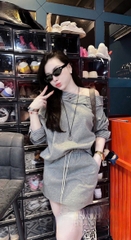 set747- SET áo nỉ dài tay lệch vai phối chân váy xám