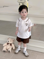 Bt870-Bộ áo polo trắng phối quần kaki nâu cạp chun cho bé 8-26kg