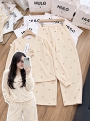 Set1081- Set pijama díp lông mềm màu be đính nơ