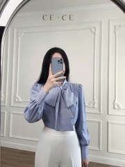 A135-Áo somi nữ kẻ xanh nơ cổ