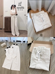 SET1009- Set áo đũi linen sát nách phối quần suông be