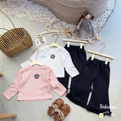 damgai16- Set dài thêu cườm hoa trà mix quần loe đen