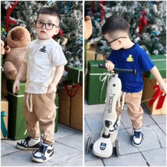 BN101-Bộ áo cotto mix quần kaki túi áo ngực 2 màu xanh,trắng bé trai