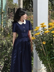 DAM142-VÁY DÀI XẾP LY NƠ EO CỔ SEN TRẮNG