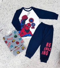 BT1008- Combo 2 bộ dài tay cotton NHỆN XÁM-Xanh trắng chuẩn Minibebe
