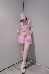 SET597-Set thun cộc áo kẻ hồng phối quần short