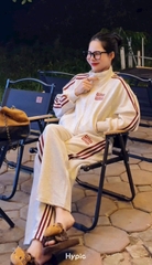 Set821- Set nỉ haida xám viền đỏ áo khoá kéo phối quần suông