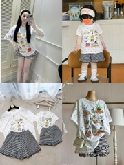 Set884- Set mẹ con áo thun trắng in BÁNH KẸO mix quần kẻ
