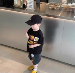 BT819- Bộ áo thun đen hình Pizza cộc tay kèm quần jean cho bé
