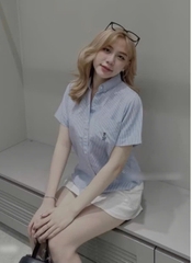 🍀A256- Áo sơ mi kẻ xanh thêu ngựa cổ đức chất thô lụa