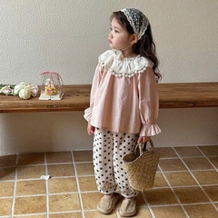 BT609-Bộ dài tay bé gái áo cổ ren phối quần dài bo gấu