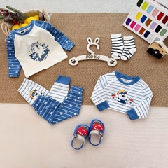 BT1081- Set 2 bộ thun díp dài tay xanh trắng kẻ Cute bé trai