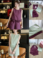 SET1001- Set áo đũi sát nách kẻ 2 màu xanh hồng
