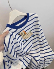 Set706- Set áo thun xước dài tay kẻ xanh phối quần short