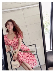 Đầm hoa  hoa hồng cổ V 2 lớp bắn  cúc ngọc