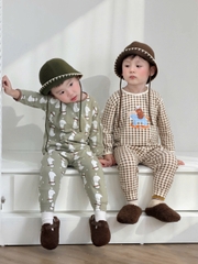 BT1073- Set 2 bộ thun díp dài tay xanh nâu kẻ bé trai