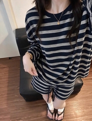 Set1056- Set áo thun kẻ đen dài phối quần cộc
