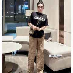 SET456- Set bộ GU XÌ áo cotton thêu đáp xù mix quần suông dệt.