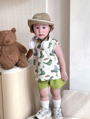 bT600- Bộ KL xanh lá chất cotton viền hoạ tiết in