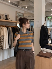 A630-Áo len dệt kim cổ polo kẻ ngang nâu xám