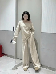 Set839- Bộ nỉ díp lông áo lệch mai phối quần suông be