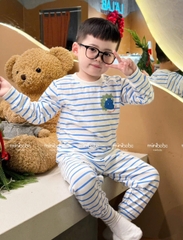 Bt784- combo 3 bộ dài tay cotton bé trai khủng long kẻ xanh