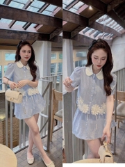 SET578- Set kẻ xanh cộc đính hoa nổi viền ren chân chất kẻ mát