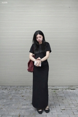 SET742-Bộ áo thun đen phối chân váy midi dài vải mì Hàn