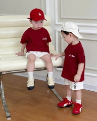 BT859-Bộ thun cộc đỏ trắng Alo cho bé 9-25kg