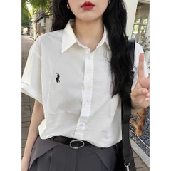 a465-Áo sơ mi trắng tay lật thêu cổ đức chất thô lụa hàng xuất