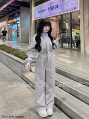 Set803- set nỉ bông màu ghi sáng cao cổ khoác trước